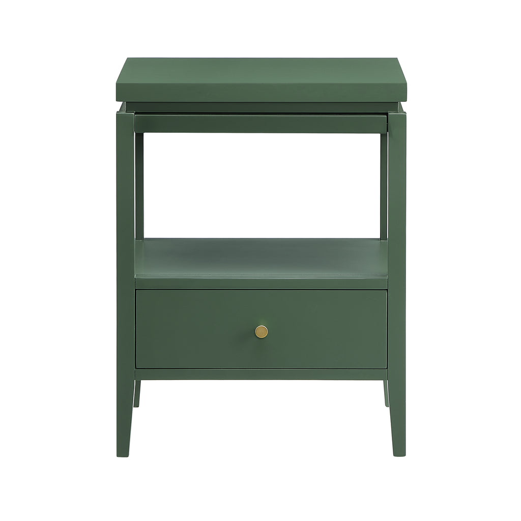 Olana Vintage Green 1-Drawer Nightstand with Floating Top Design, Solid Wood and MDF Construction, Gold Drawer Pull, Tapered Legs
