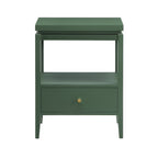 Olana Vintage Green 1-Drawer Nightstand with Floating Top Design, Solid Wood and MDF Construction, Gold Drawer Pull, Tapered Legs
