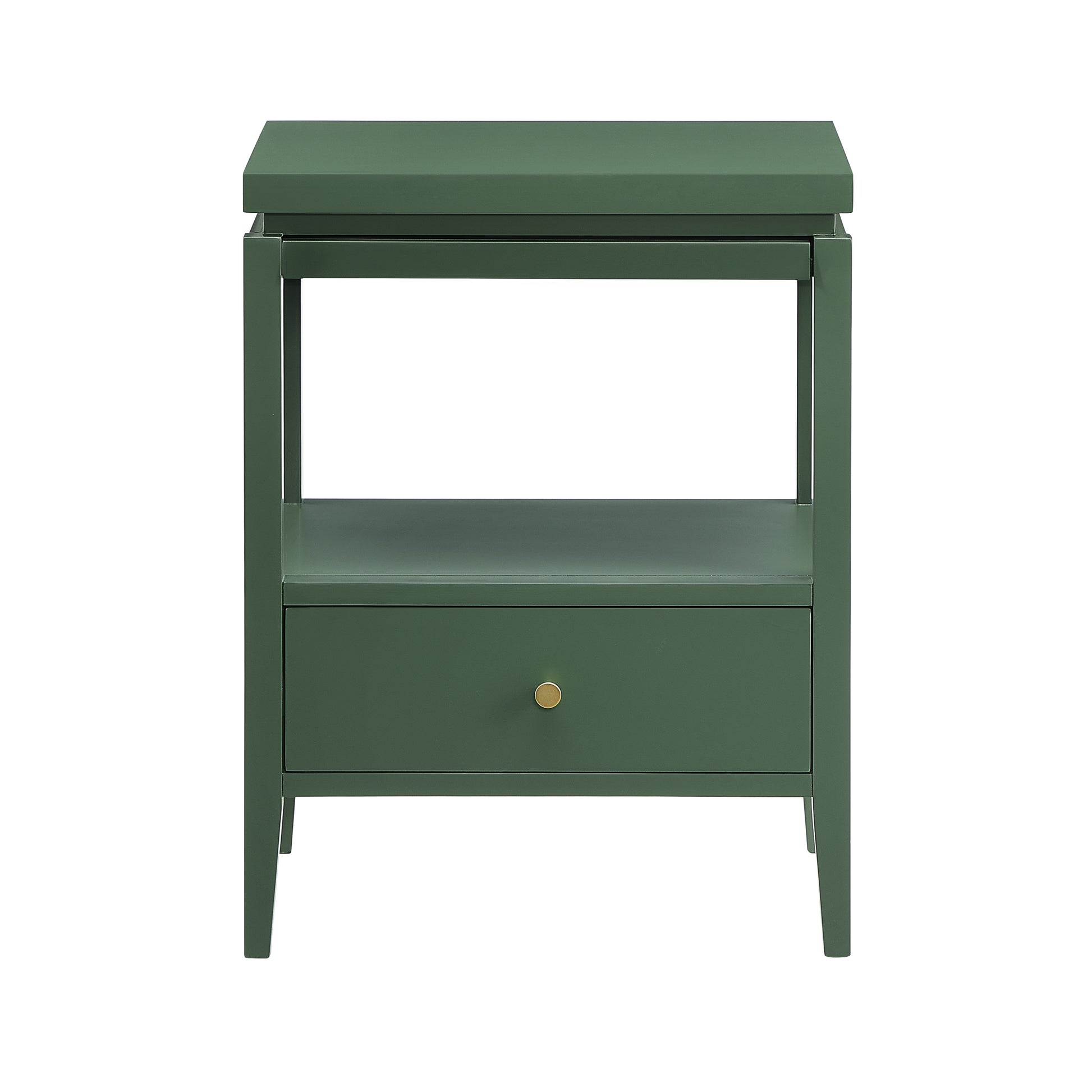 Olana Vintage Green 1-Drawer Nightstand with Floating Top Design, Solid Wood and MDF Construction, Gold Drawer Pull, Tapered Legs