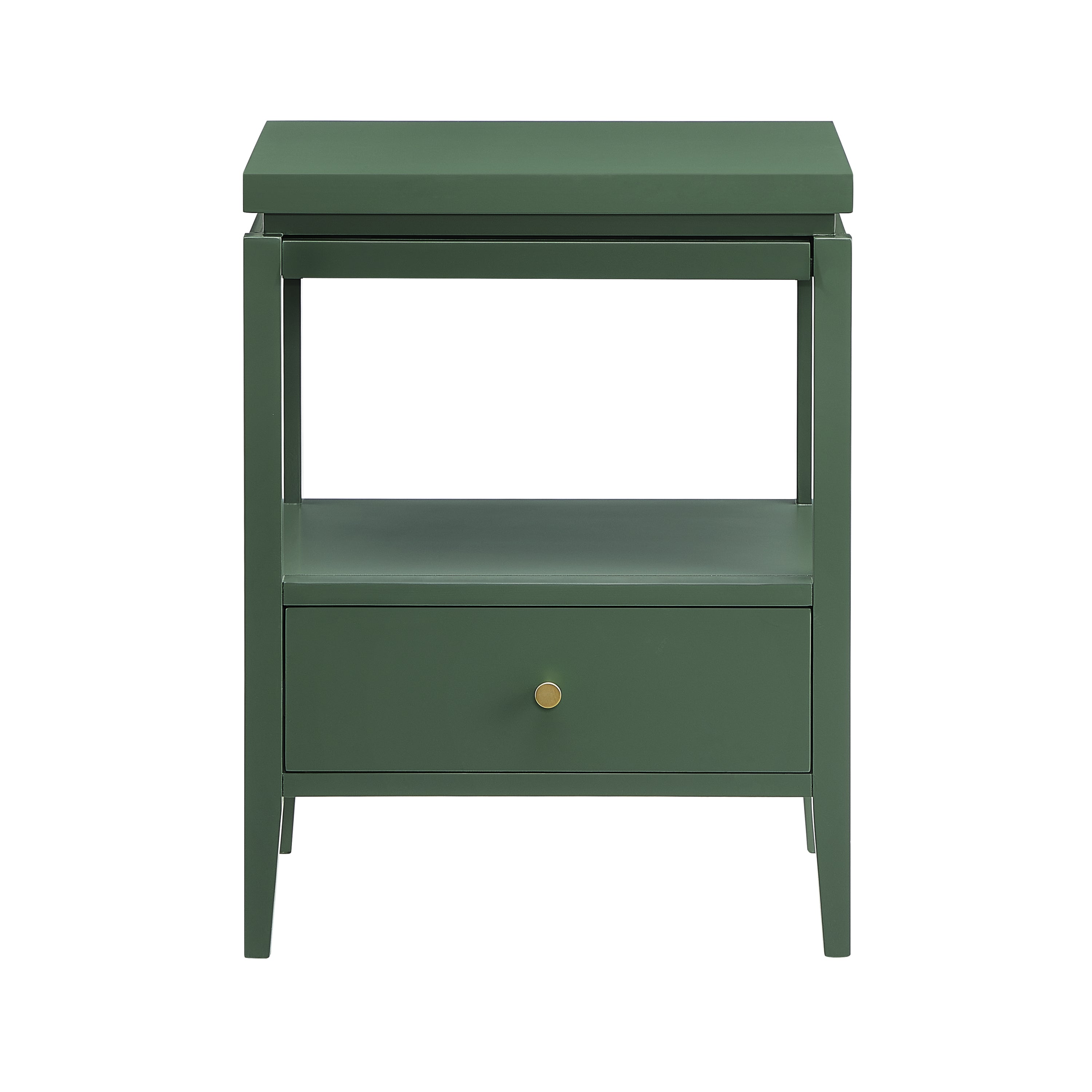 Olana Vintage Green 1-Drawer Nightstand with Floating Top Design, Solid Wood and MDF Construction, Gold Drawer Pull, Tapered Legs