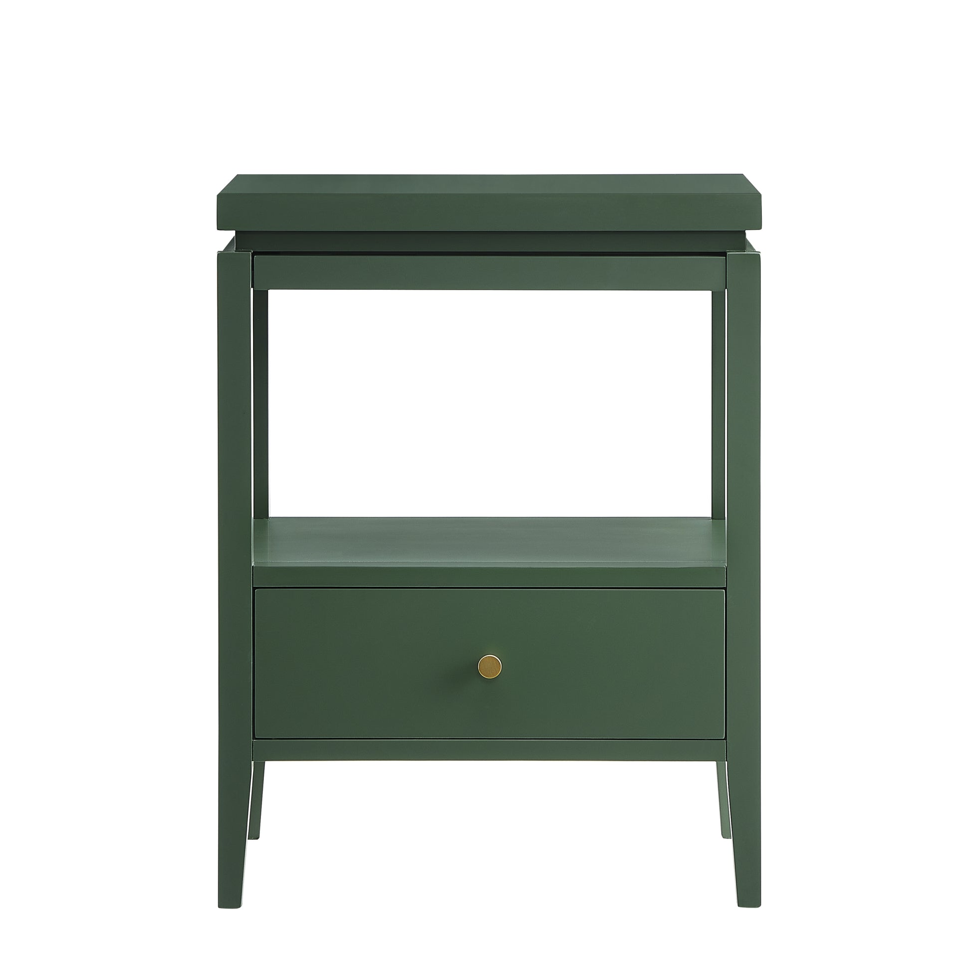 Olana Vintage Green 1-Drawer Nightstand with Floating Top Design, Solid Wood and MDF Construction, Gold Drawer Pull, Tapered Legs