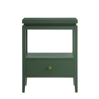 Olana Vintage Green 1-Drawer Nightstand with Floating Top Design, Solid Wood and MDF Construction, Gold Drawer Pull, Tapered Legs