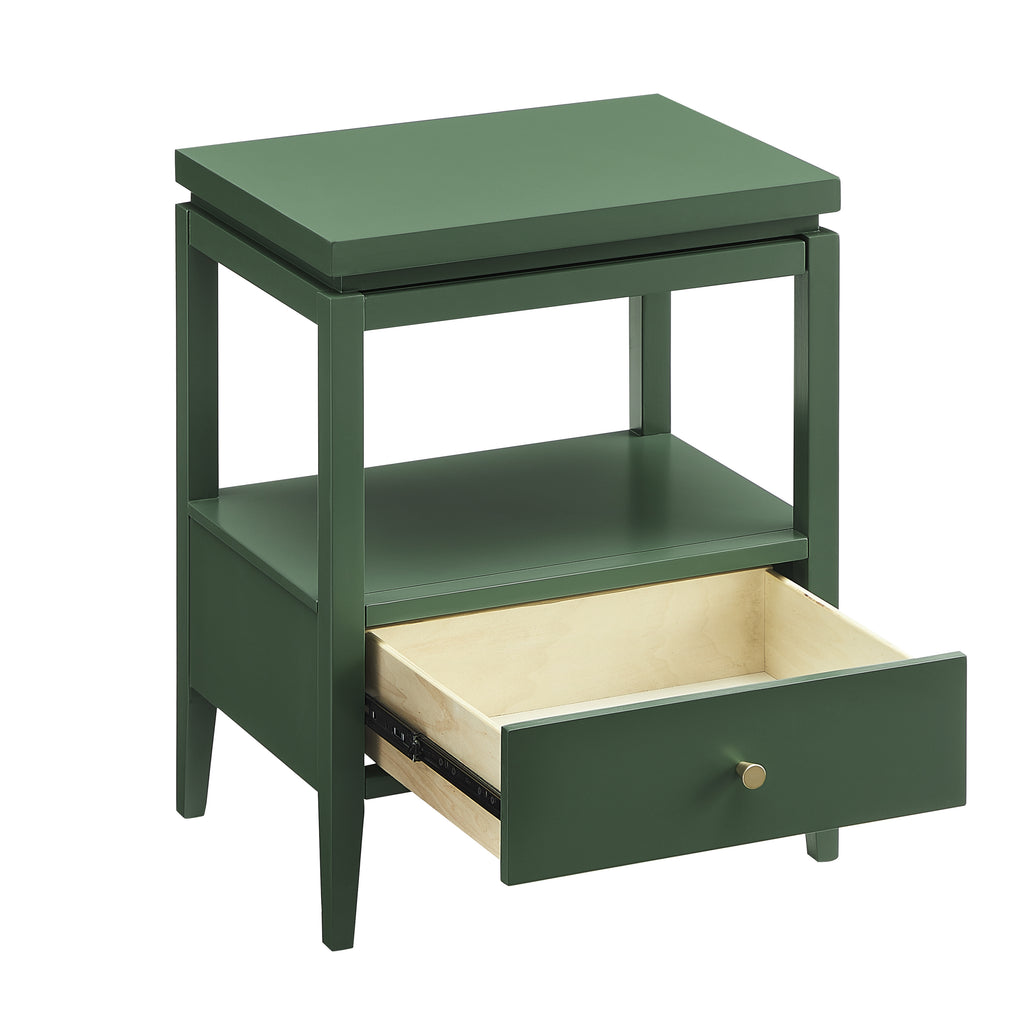 Olana Vintage Green 1-Drawer Nightstand with Floating Top Design, Solid Wood and MDF Construction, Gold Drawer Pull, Tapered Legs