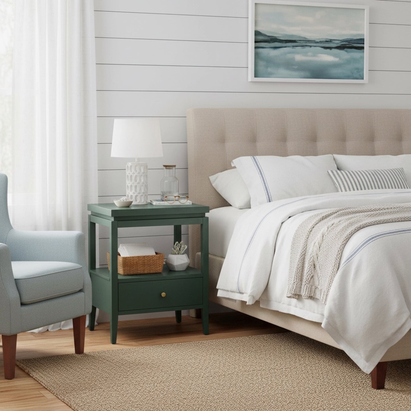 Olana Vintage Green 1-Drawer Nightstand with Floating Top Design, Solid Wood and MDF Construction, Gold Drawer Pull, Tapered Legs