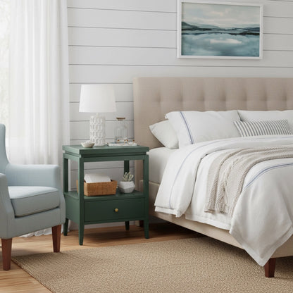 Olana Vintage Green 1-Drawer Nightstand with Floating Top Design, Solid Wood and MDF Construction, Gold Drawer Pull, Tapered Legs