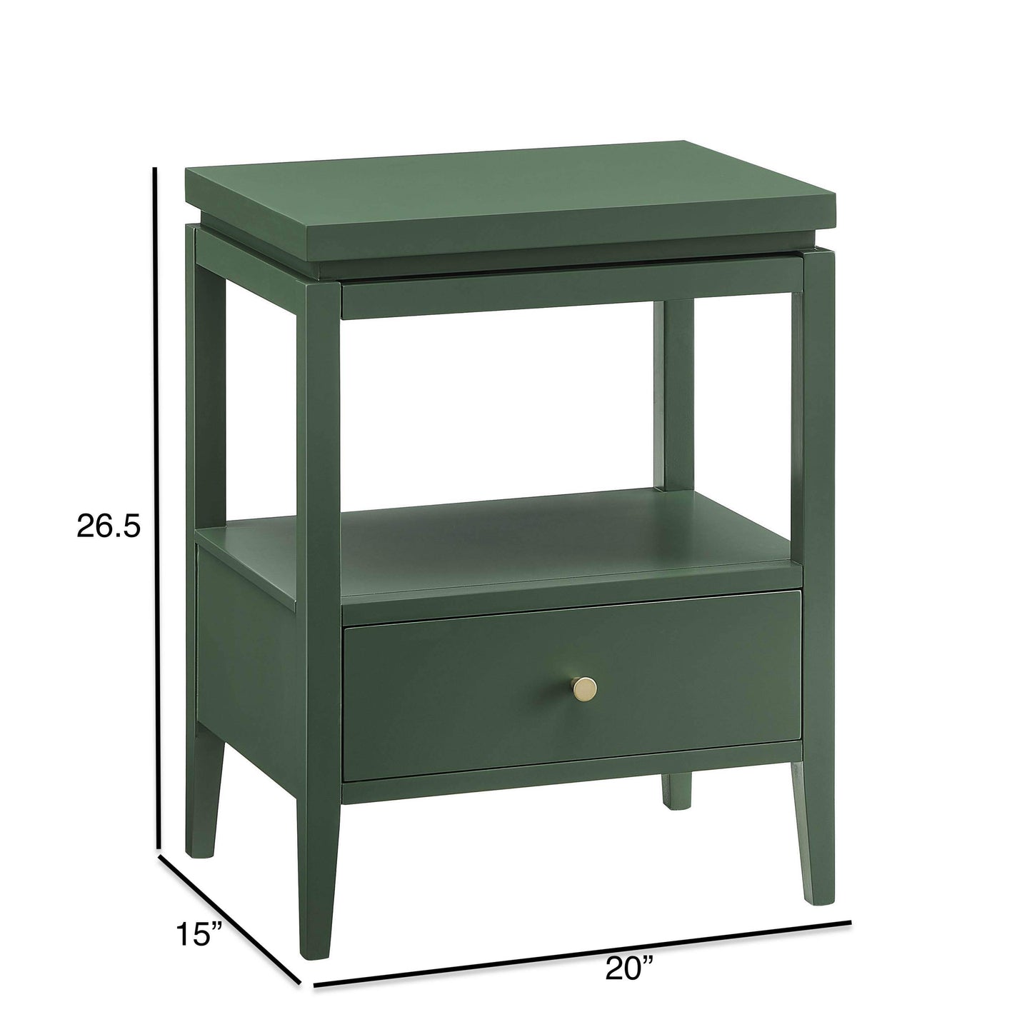 Olana Vintage Green 1-Drawer Nightstand with Floating Top Design, Solid Wood and MDF Construction, Gold Drawer Pull, Tapered Legs