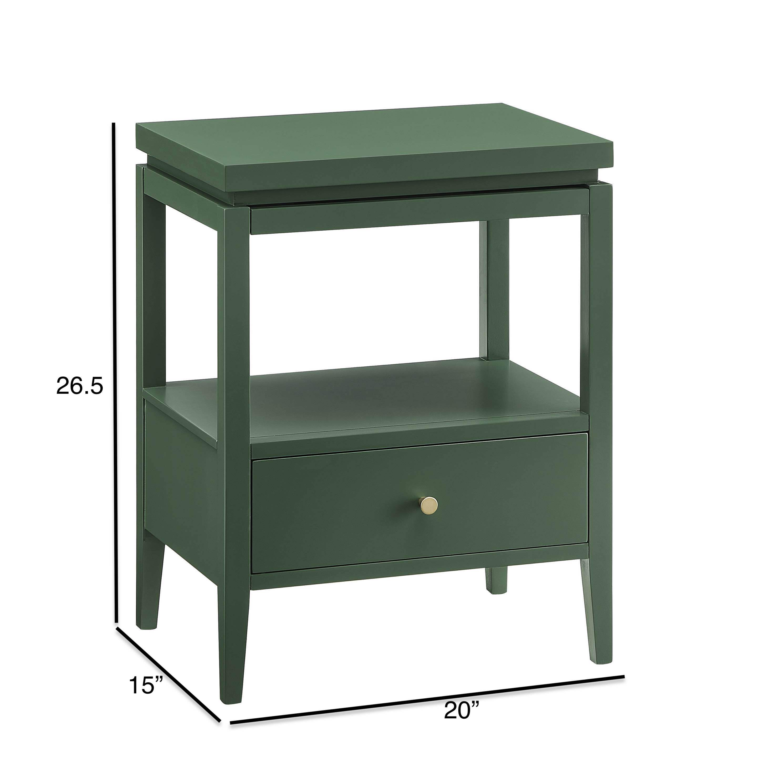 Olana Vintage Green 1-Drawer Nightstand with Floating Top Design, Solid Wood and MDF Construction, Gold Drawer Pull, Tapered Legs