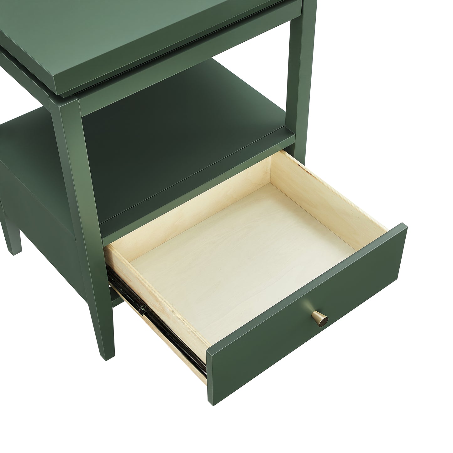 Olana Vintage Green 1-Drawer Nightstand with Floating Top Design, Solid Wood and MDF Construction, Gold Drawer Pull, Tapered Legs