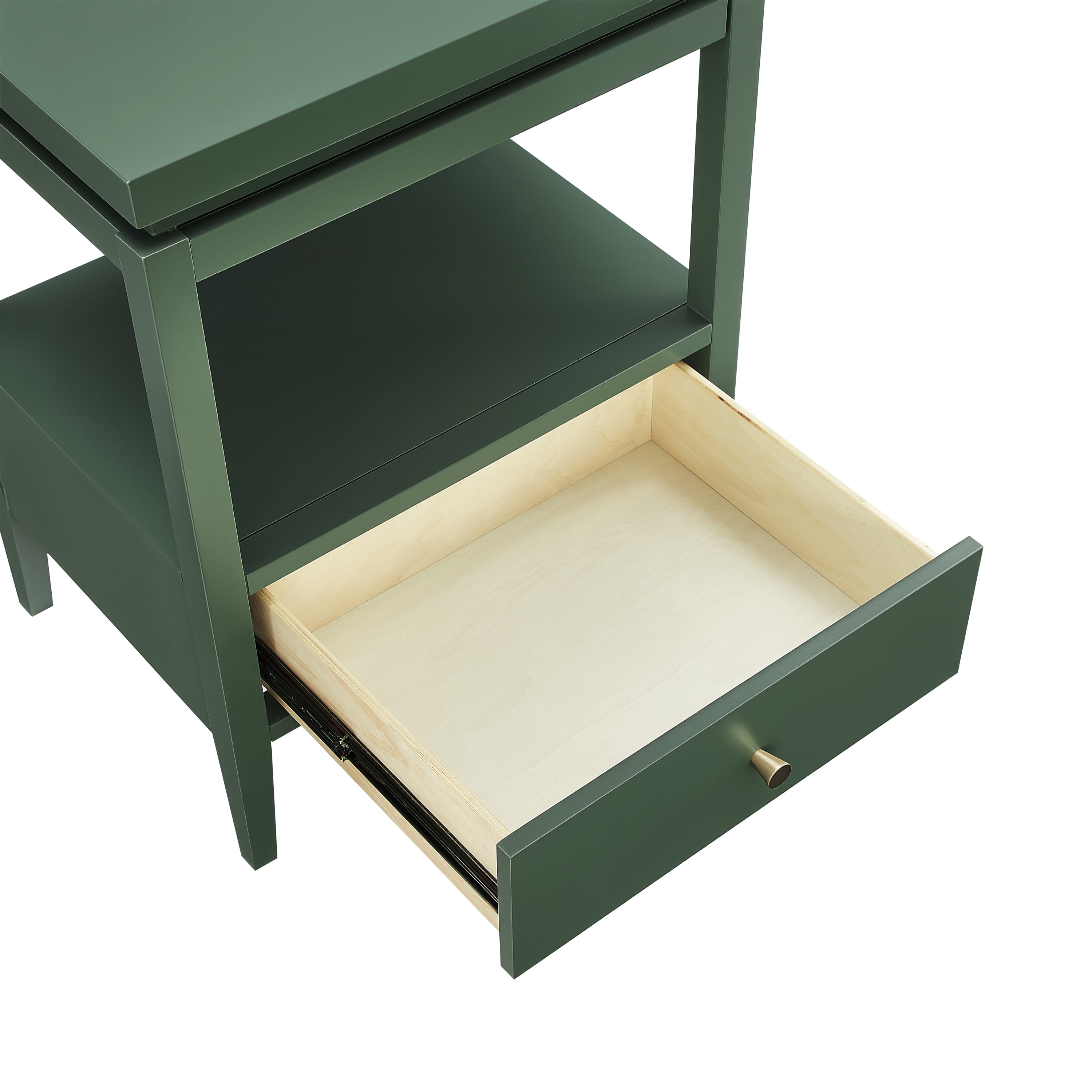 Olana Vintage Green 1-Drawer Nightstand with Floating Top Design, Solid Wood and MDF Construction, Gold Drawer Pull, Tapered Legs