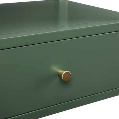 Olana Vintage Green 1-Drawer Nightstand with Floating Top Design, Solid Wood and MDF Construction, Gold Drawer Pull, Tapered Legs