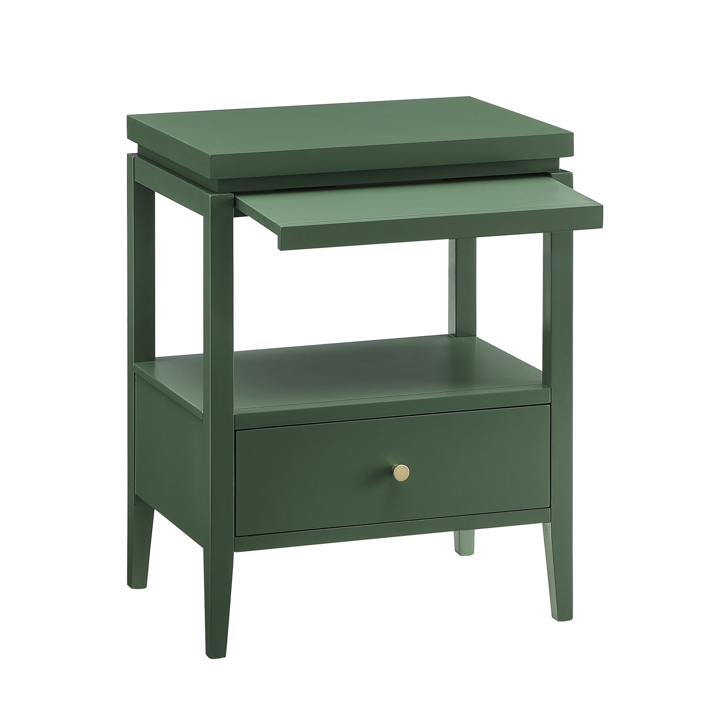 Olana Vintage Green 1-Drawer Nightstand with Floating Top Design, Solid Wood and MDF Construction, Gold Drawer Pull, Tapered Legs