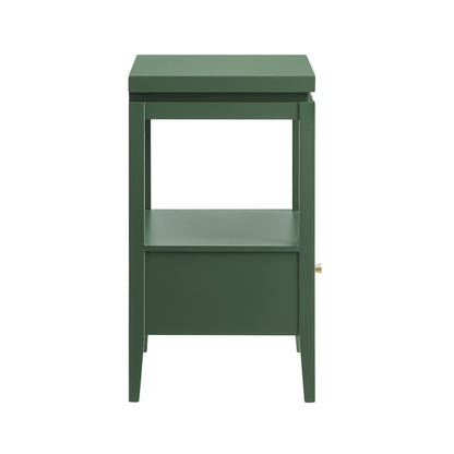 Olana Vintage Green 1-Drawer Nightstand with Floating Top Design, Solid Wood and MDF Construction, Gold Drawer Pull, Tapered Legs