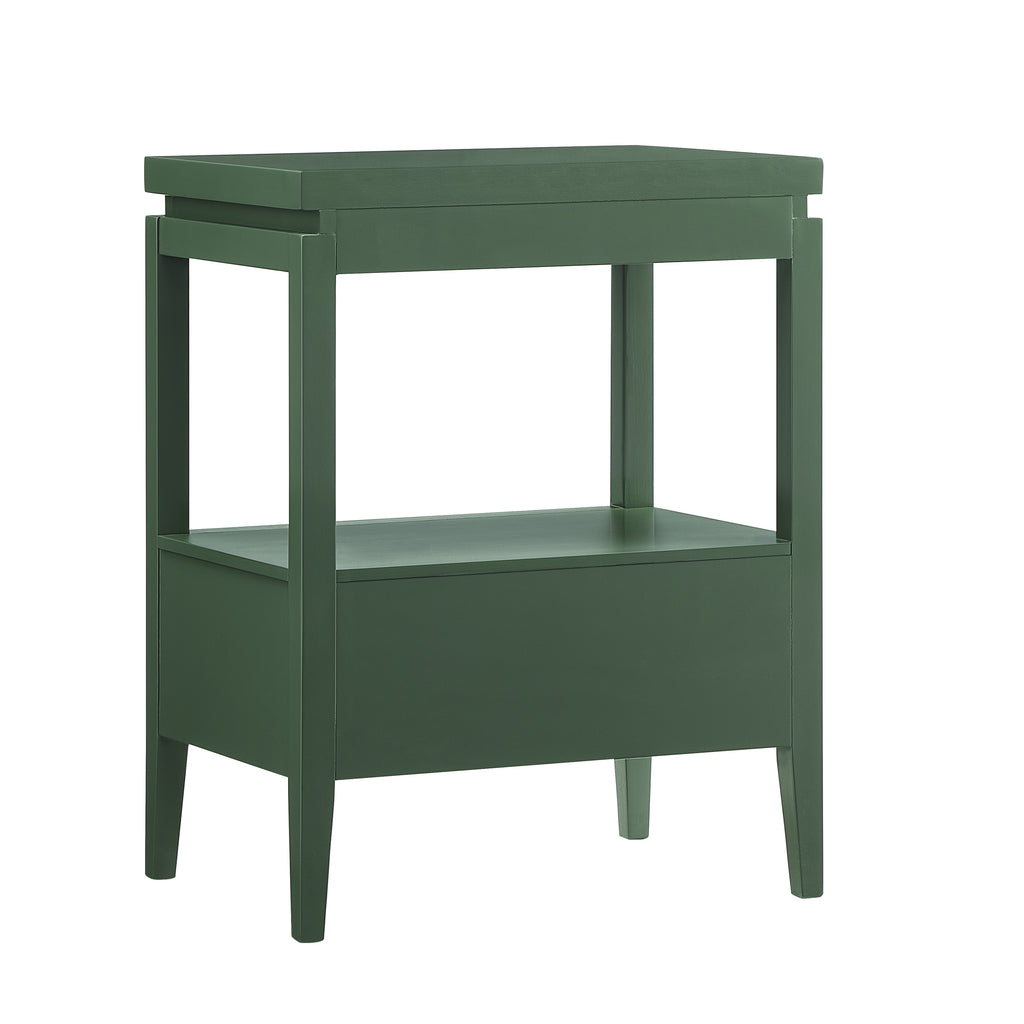 Olana Vintage Green 1-Drawer Nightstand with Floating Top Design, Solid Wood and MDF Construction, Gold Drawer Pull, Tapered Legs