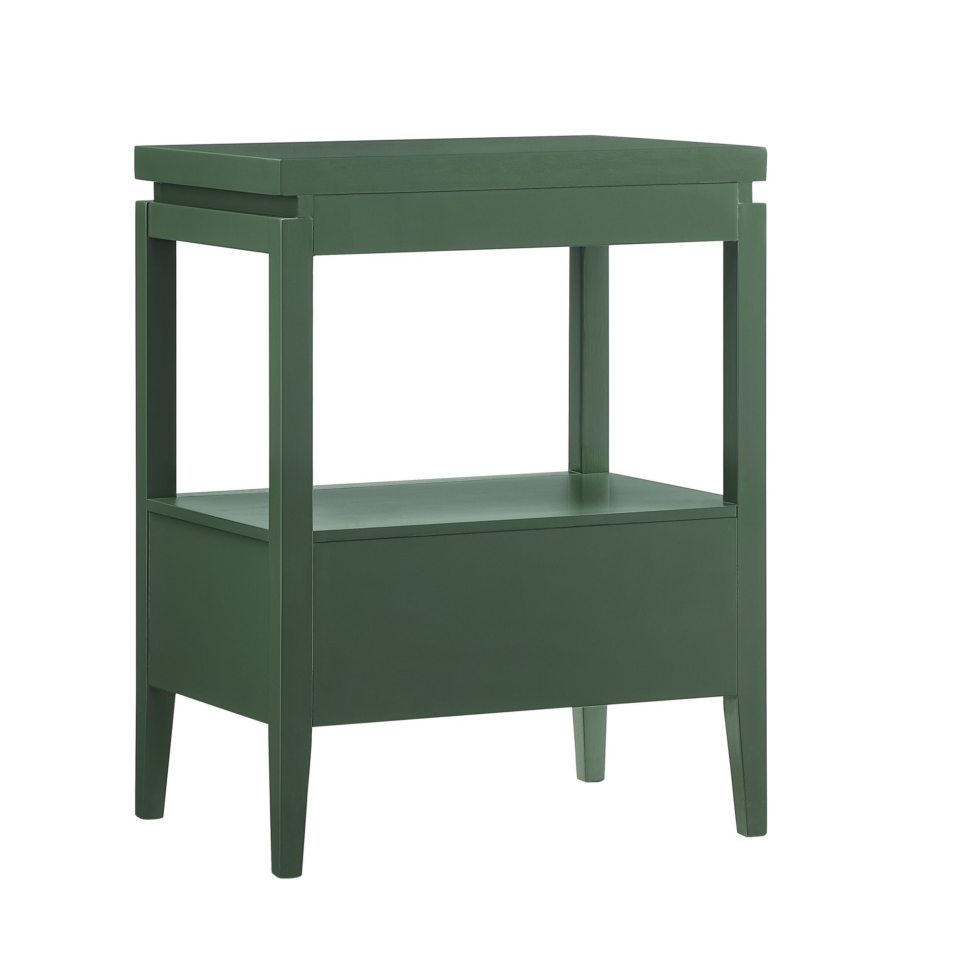Olana Vintage Green 1-Drawer Nightstand with Floating Top Design, Solid Wood and MDF Construction, Gold Drawer Pull, Tapered Legs