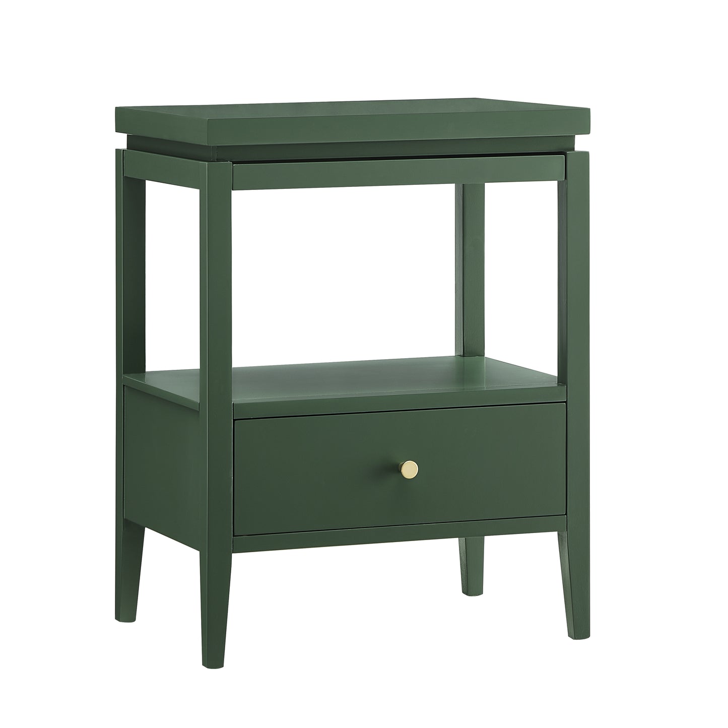 Olana Vintage Green 1-Drawer Nightstand with Floating Top Design, Solid Wood and MDF Construction, Gold Drawer Pull, Tapered Legs
