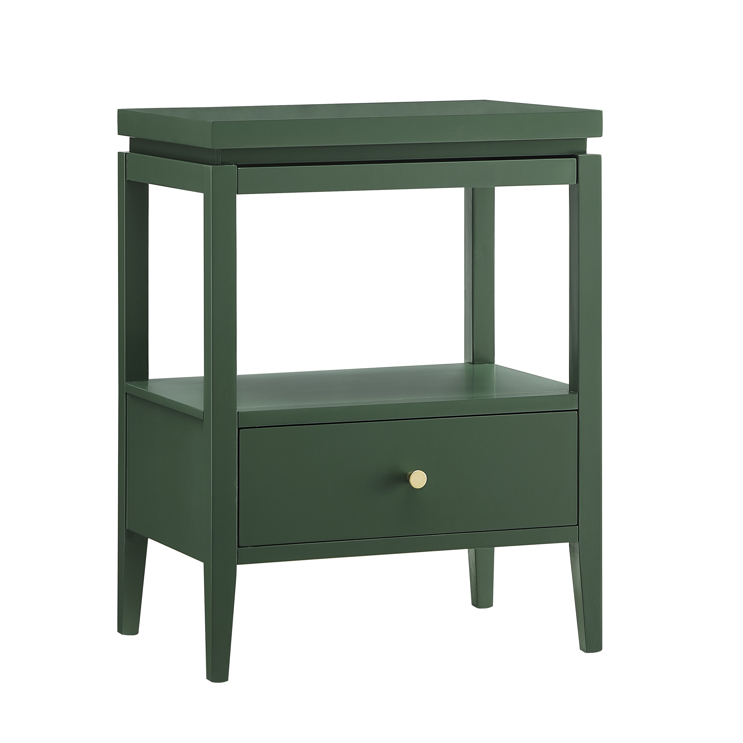Olana Vintage Green 1-Drawer Nightstand with Floating Top Design, Solid Wood and MDF Construction, Gold Drawer Pull, Tapered Legs