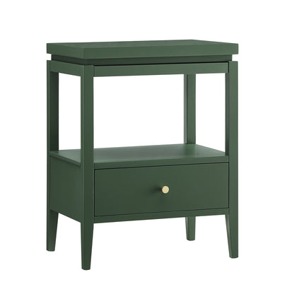Olana Vintage Green 1-Drawer Nightstand with Floating Top Design, Solid Wood and MDF Construction, Gold Drawer Pull, Tapered Legs