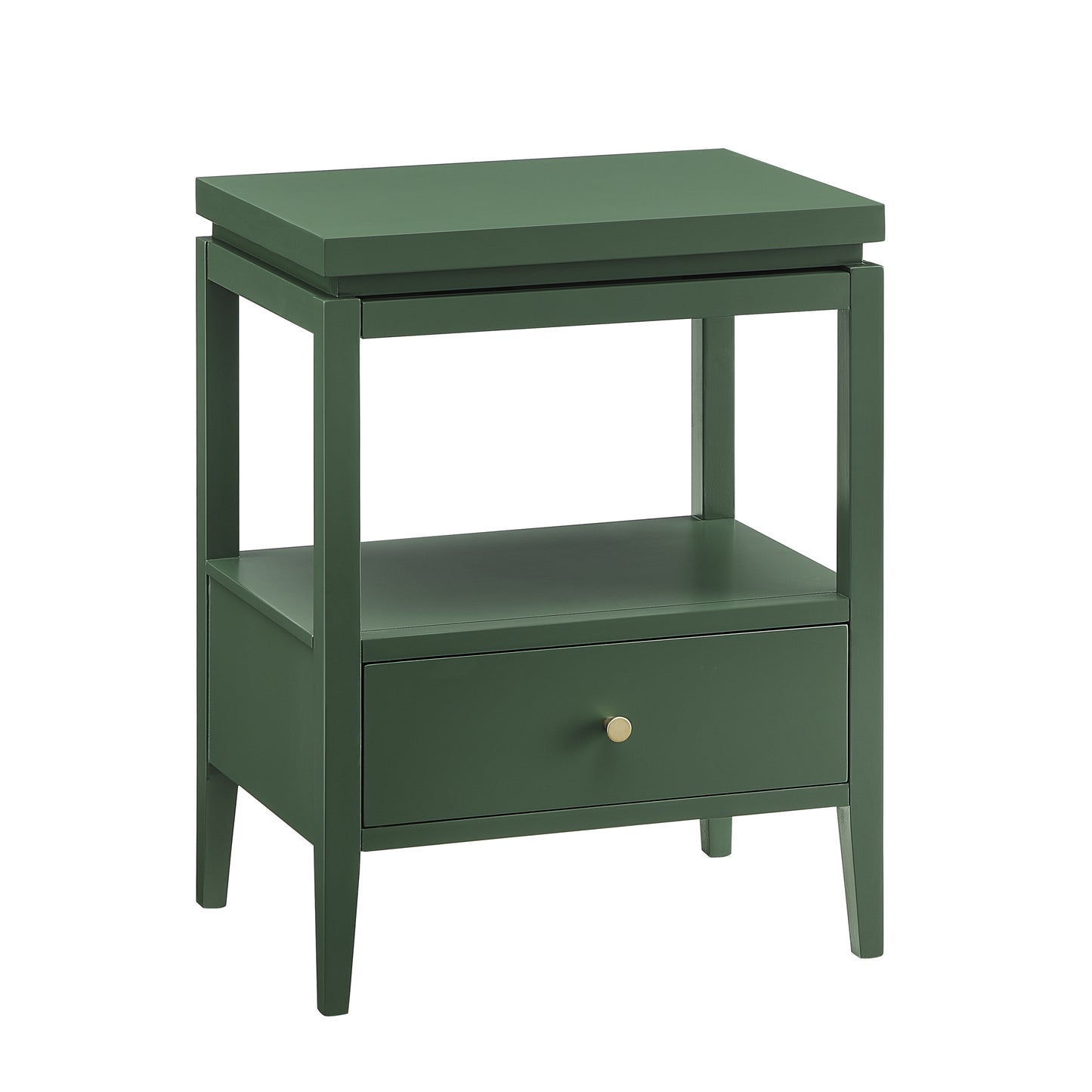 Olana Vintage Green 1-Drawer Nightstand with Floating Top Design, Solid Wood and MDF Construction, Gold Drawer Pull, Tapered Legs