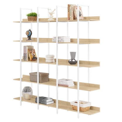 5 Tier Bookcase Home Office Open Bookshelf, Vintage Industrial Style Shelf, MDF Board, White Metal Frame, Oak (Old Sku:WF300935AAC)