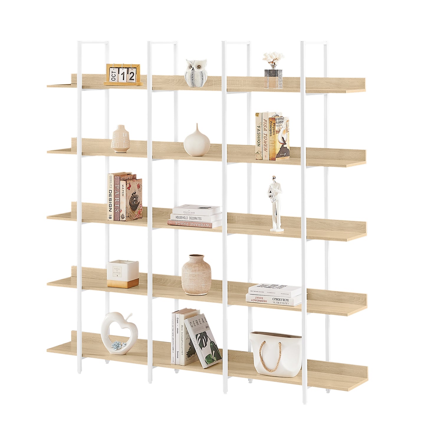 5 Tier Bookcase Home Office Open Bookshelf, Vintage Industrial Style Shelf, MDF Board, White Metal Frame, Oak (Old Sku:WF300935AAC)