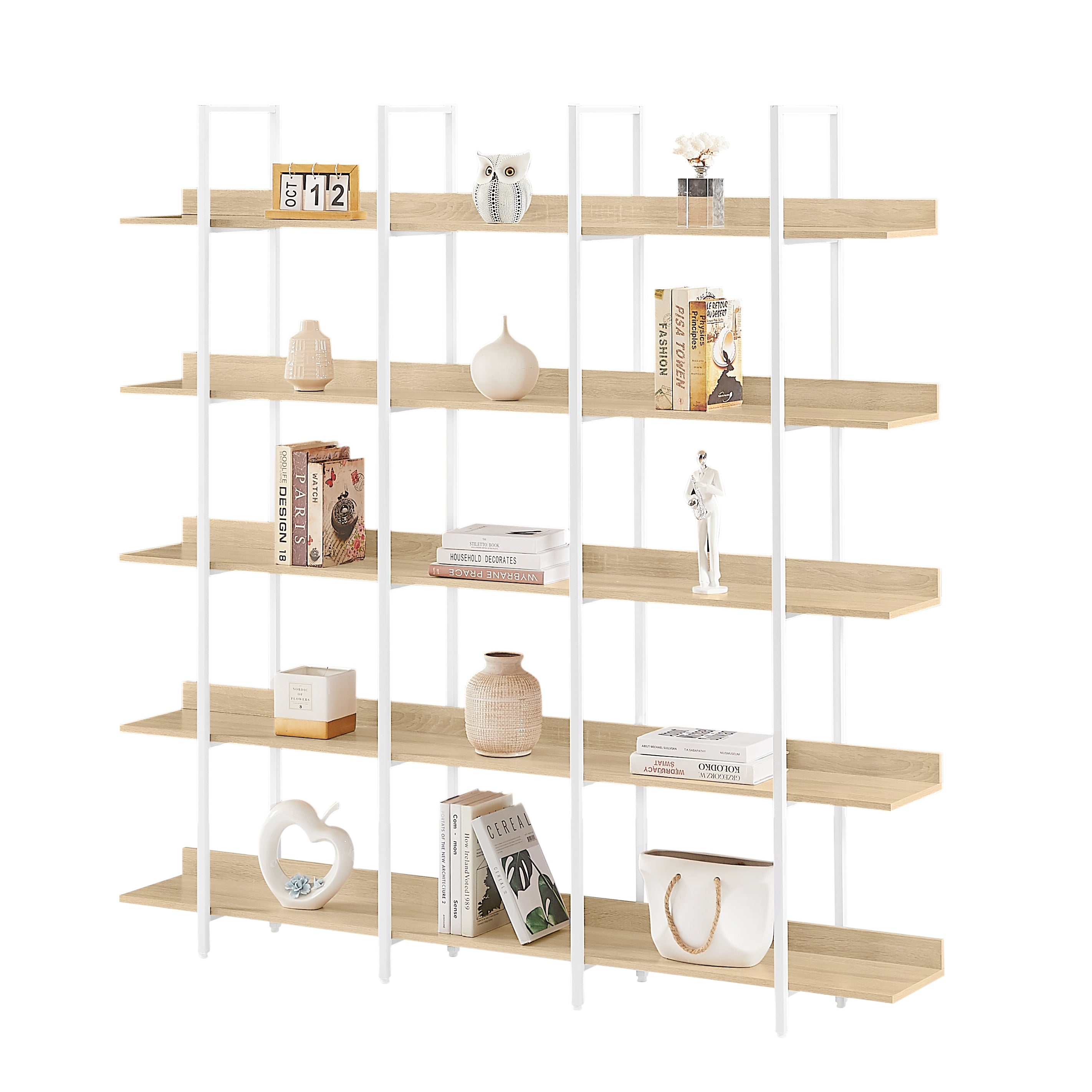 5 Tier Bookcase Home Office Open Bookshelf, Vintage Industrial Style Shelf, MDF Board, White Metal Frame, Oak (Old Sku:WF300935AAC)