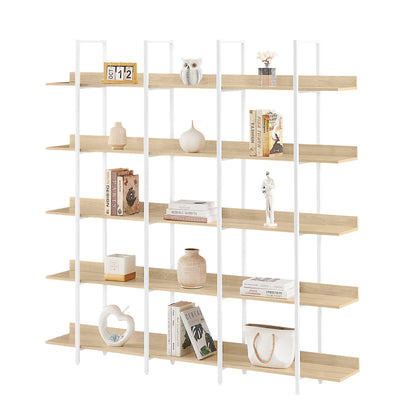 5 Tier Bookcase Home Office Open Bookshelf, Vintage Industrial Style Shelf, MDF Board, White Metal Frame, Oak (Old Sku:WF300935AAC)