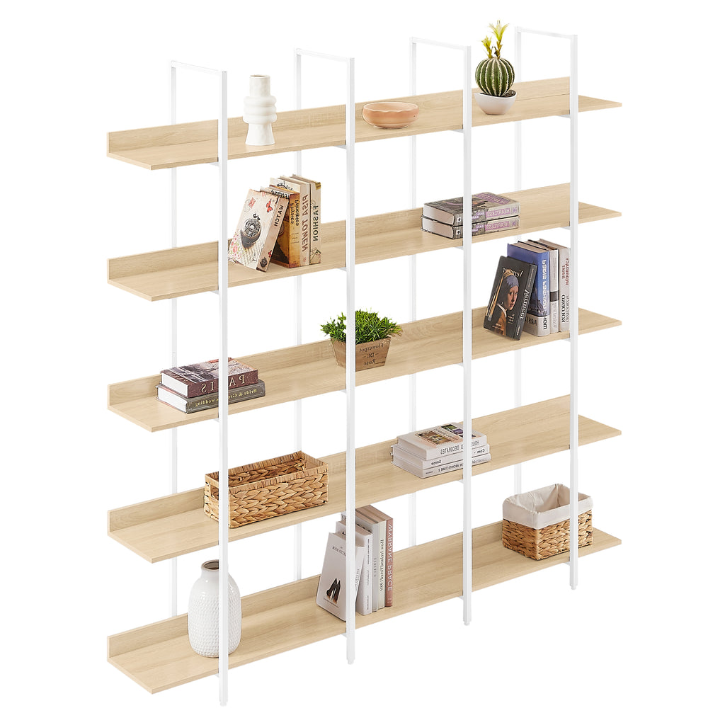 5 Tier Bookcase Home Office Open Bookshelf, Vintage Industrial Style Shelf, MDF Board, White Metal Frame, Oak (Old Sku:WF300935AAC)