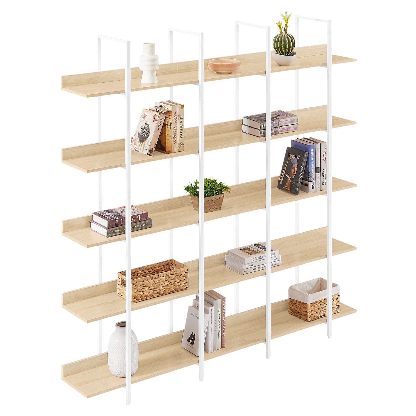 5 Tier Bookcase Home Office Open Bookshelf, Vintage Industrial Style Shelf, MDF Board, White Metal Frame, Oak (Old Sku:WF300935AAC)