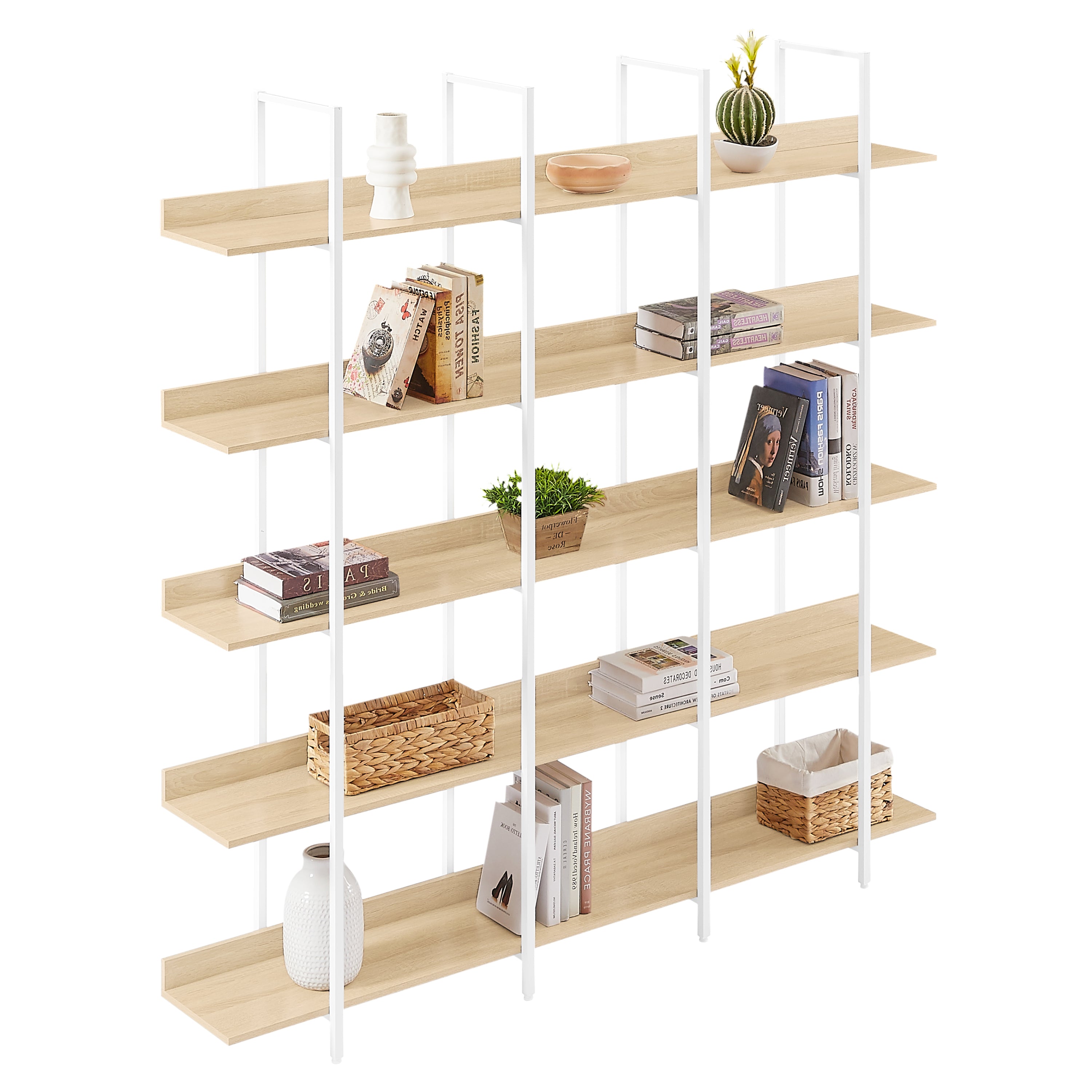 5 Tier Bookcase Home Office Open Bookshelf, Vintage Industrial Style Shelf, MDF Board, White Metal Frame, Oak (Old Sku:WF300935AAC)