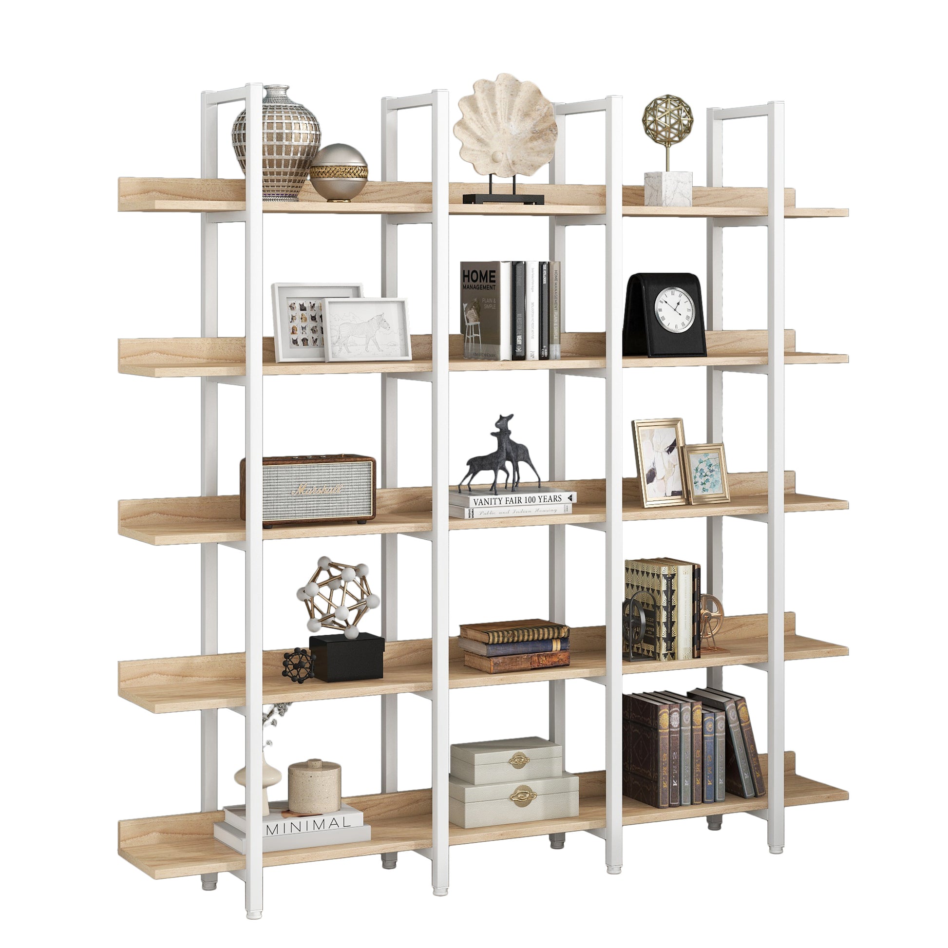 5 Tier Bookcase Home Office Open Bookshelf, Vintage Industrial Style Shelf, MDF Board, White Metal Frame, Oak (Old Sku:WF300935AAC)
