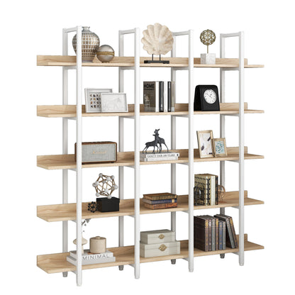 5 Tier Bookcase Home Office Open Bookshelf, Vintage Industrial Style Shelf, MDF Board, White Metal Frame, Oak (Old Sku:WF300935AAC)