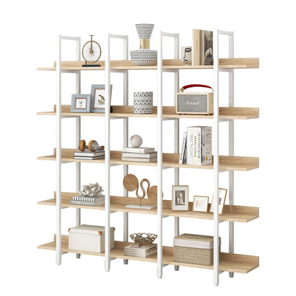 5 Tier Bookcase Home Office Open Bookshelf, Vintage Industrial Style Shelf, MDF Board, White Metal Frame, Oak (Old Sku:WF300935AAC)