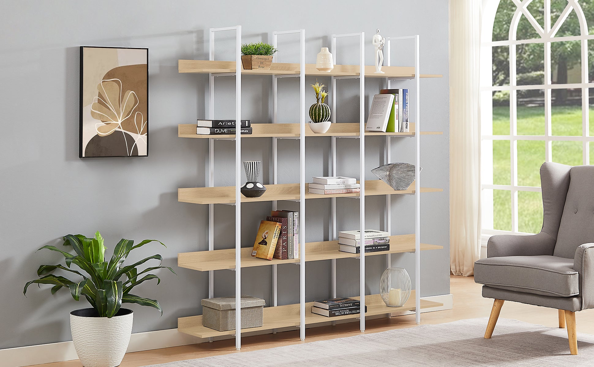 5 Tier Bookcase Home Office Open Bookshelf, Vintage Industrial Style Shelf, MDF Board, White Metal Frame, Oak (Old Sku:WF300935AAC)