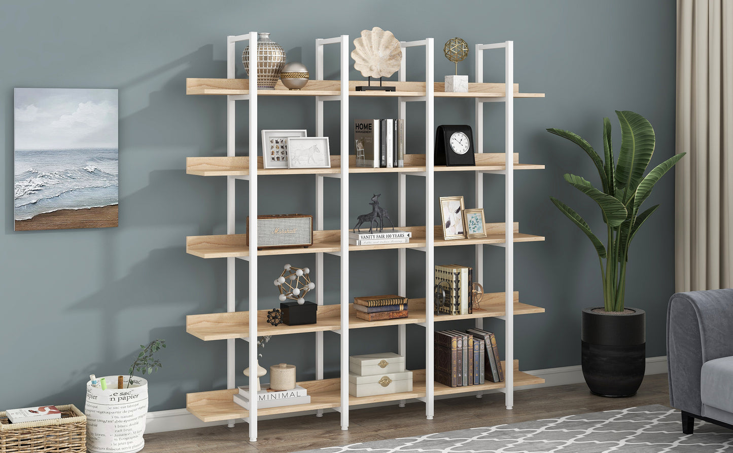 5 Tier Bookcase Home Office Open Bookshelf, Vintage Industrial Style Shelf, MDF Board, White Metal Frame, Oak (Old Sku:WF300935AAC)
