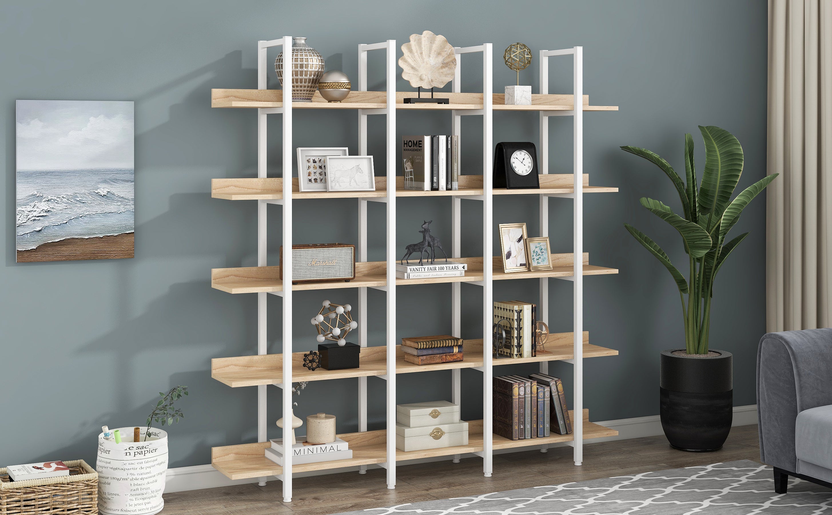5 Tier Bookcase Home Office Open Bookshelf, Vintage Industrial Style Shelf, MDF Board, White Metal Frame, Oak (Old Sku:WF300935AAC)