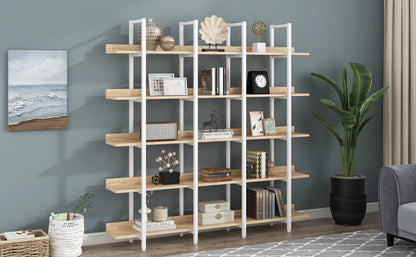 5 Tier Bookcase Home Office Open Bookshelf, Vintage Industrial Style Shelf, MDF Board, White Metal Frame, Oak (Old Sku:WF300935AAC)