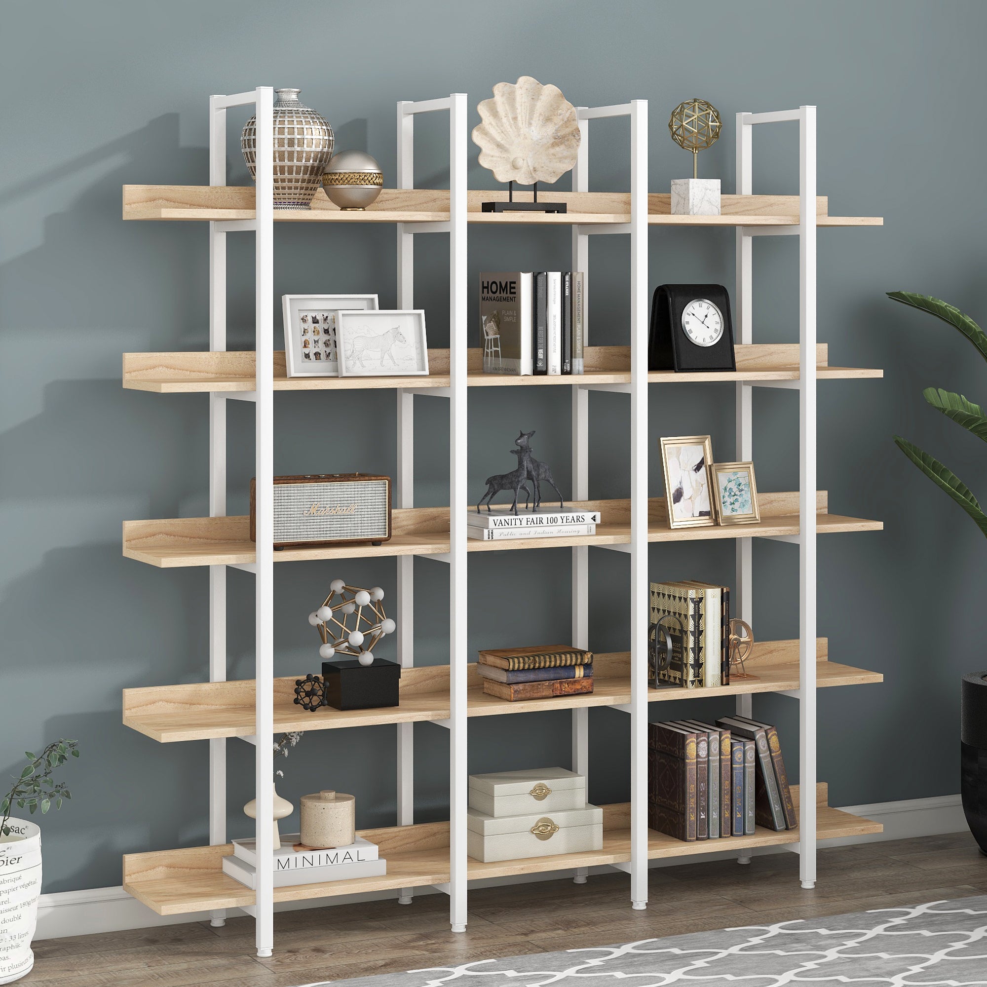 5 Tier Bookcase Home Office Open Bookshelf, Vintage Industrial Style Shelf, MDF Board, White Metal Frame, Oak (Old Sku:WF300935AAC)