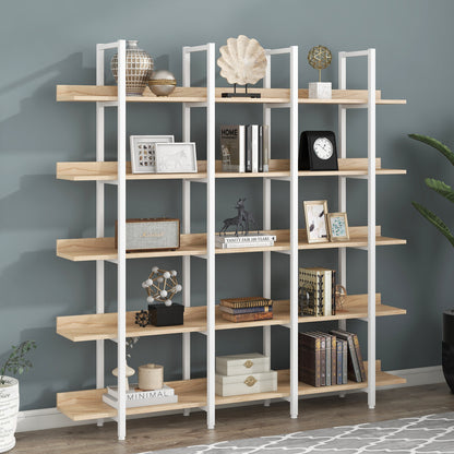 5 Tier Bookcase Home Office Open Bookshelf, Vintage Industrial Style Shelf, MDF Board, White Metal Frame, Oak (Old Sku:WF300935AAC)