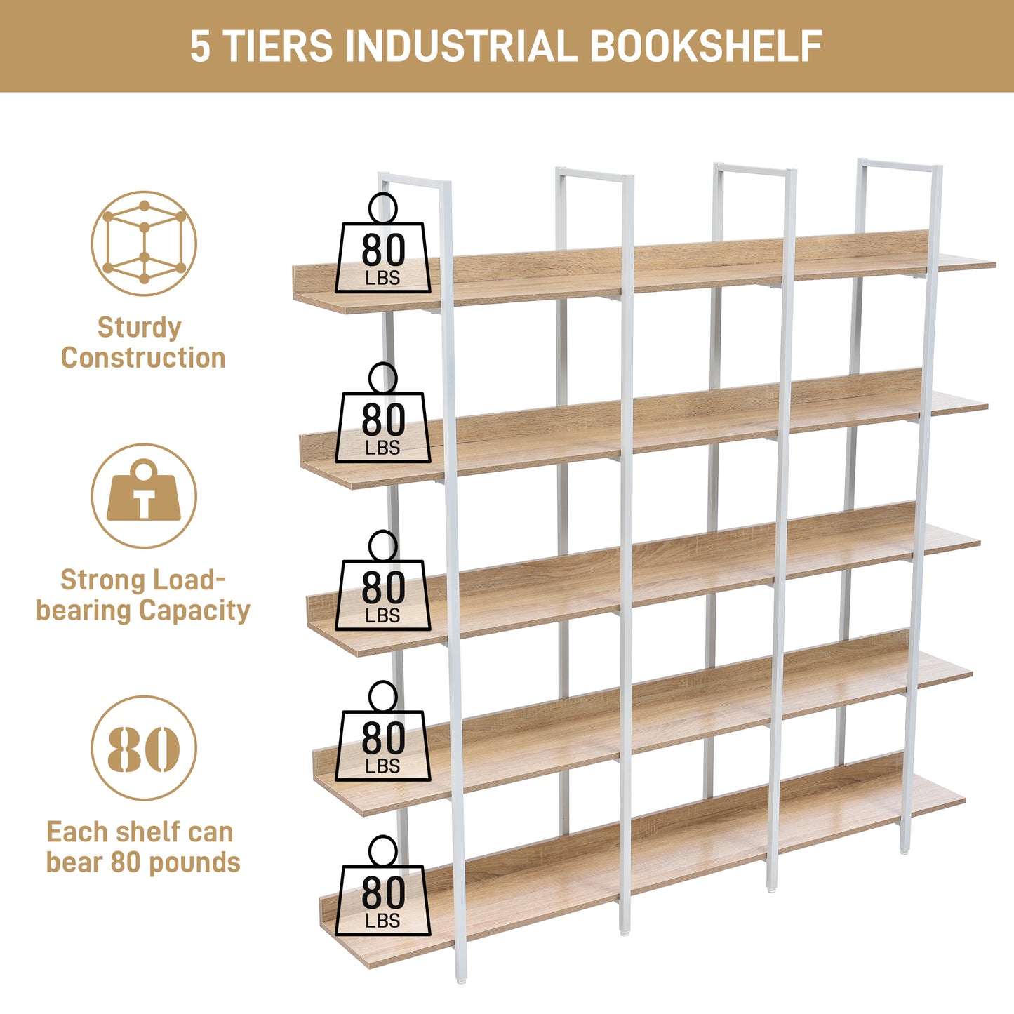 5 Tier Bookcase Home Office Open Bookshelf, Vintage Industrial Style Shelf, MDF Board, White Metal Frame, Oak (Old Sku:WF300935AAC)
