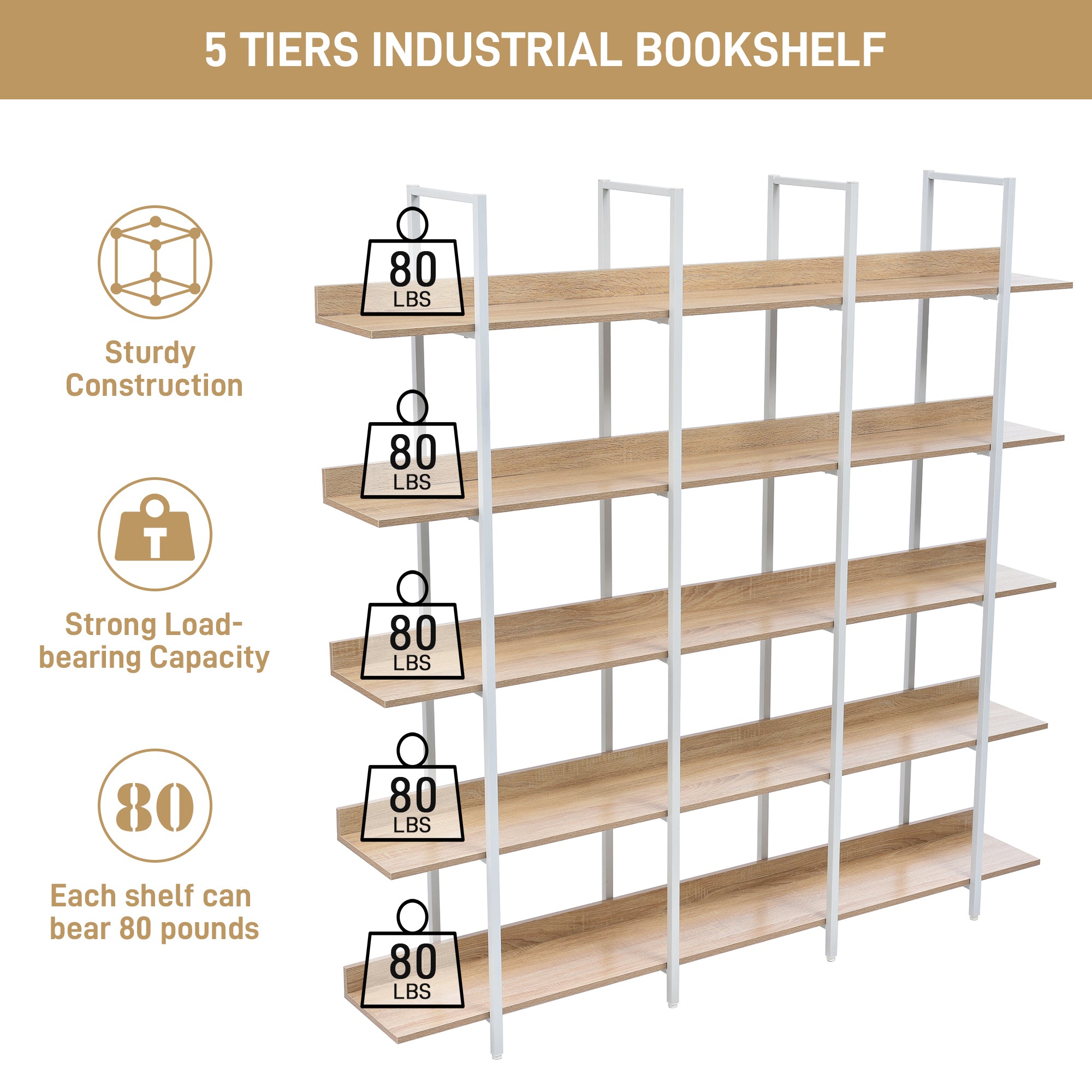 5 Tier Bookcase Home Office Open Bookshelf, Vintage Industrial Style Shelf, MDF Board, White Metal Frame, Oak (Old Sku:WF300935AAC)
