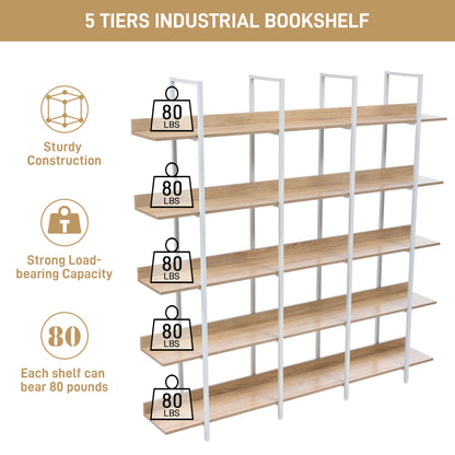 5 Tier Bookcase Home Office Open Bookshelf, Vintage Industrial Style Shelf, MDF Board, White Metal Frame, Oak (Old Sku:WF300935AAC)
