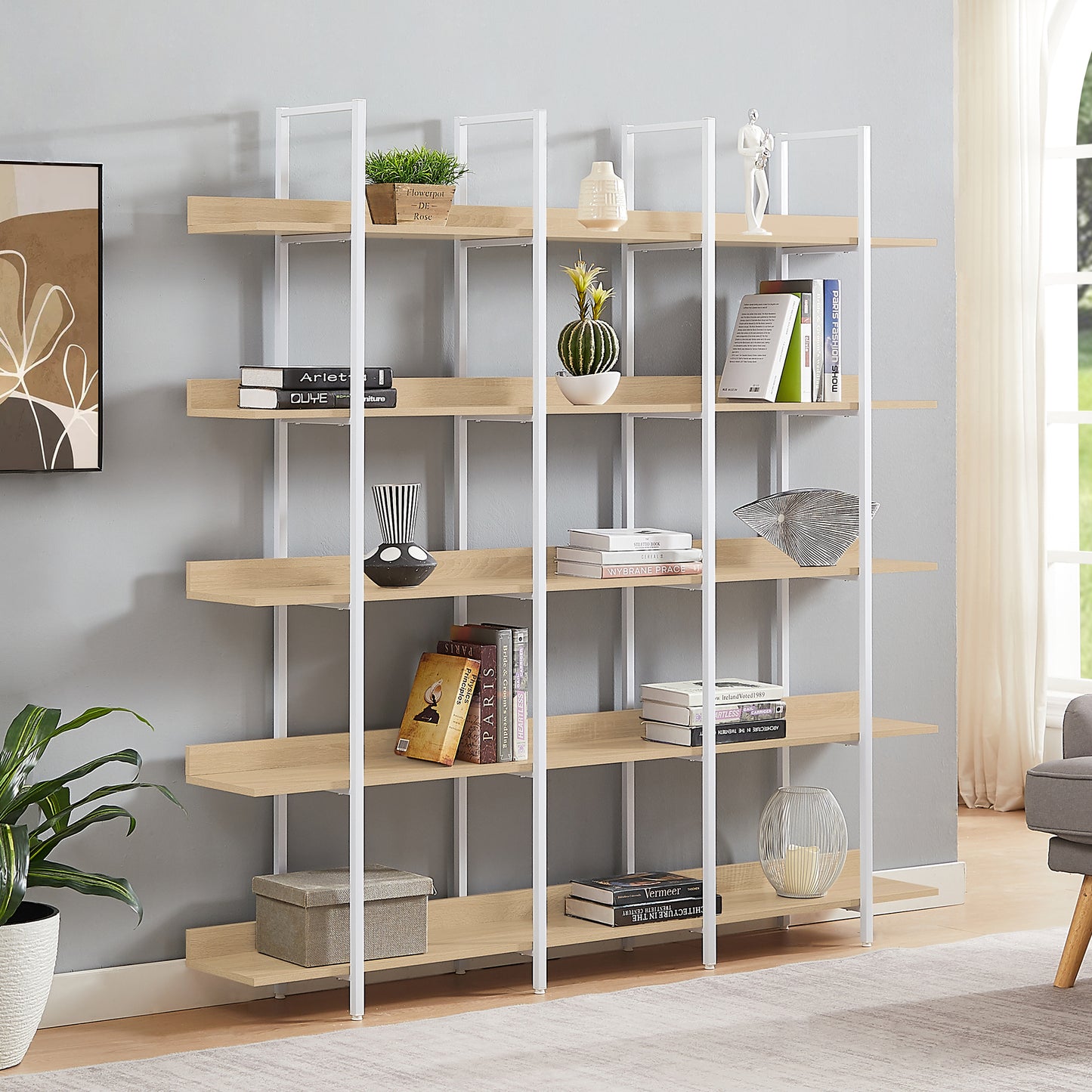 5 Tier Bookcase Home Office Open Bookshelf, Vintage Industrial Style Shelf, MDF Board, White Metal Frame, Oak (Old Sku:WF300935AAC)