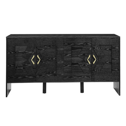 60' Mid Century Modern Sideboard Buffet Cabinet with Storage, TV Media Console, Storage Cabinet with Geometric Pattern & Adjustable Shelves for Kitchen Dining Living Room Entryway Hallway, Black