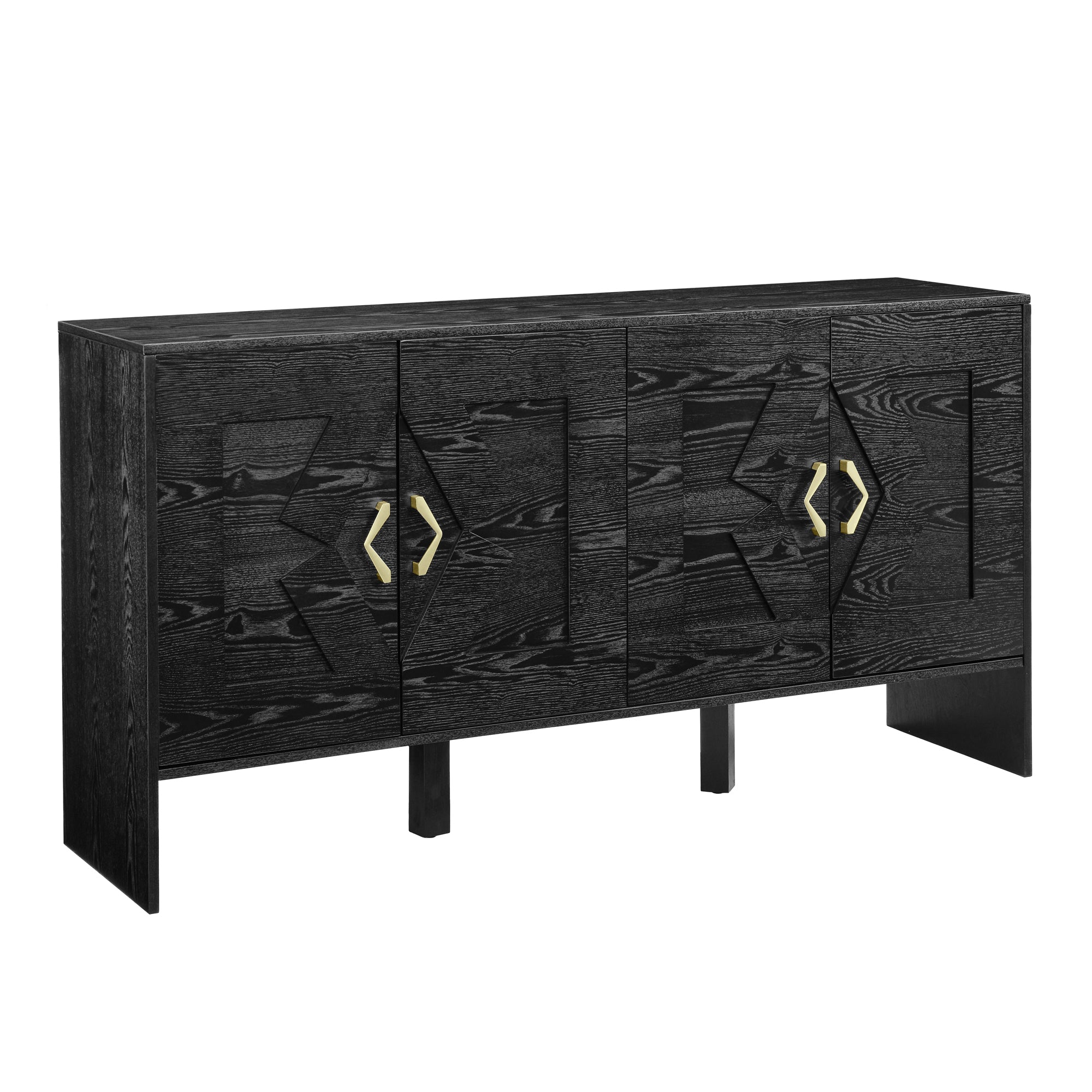 60' Mid Century Modern Sideboard Buffet Cabinet with Storage, TV Media Console, Storage Cabinet with Geometric Pattern & Adjustable Shelves for Kitchen Dining Living Room Entryway Hallway, Black