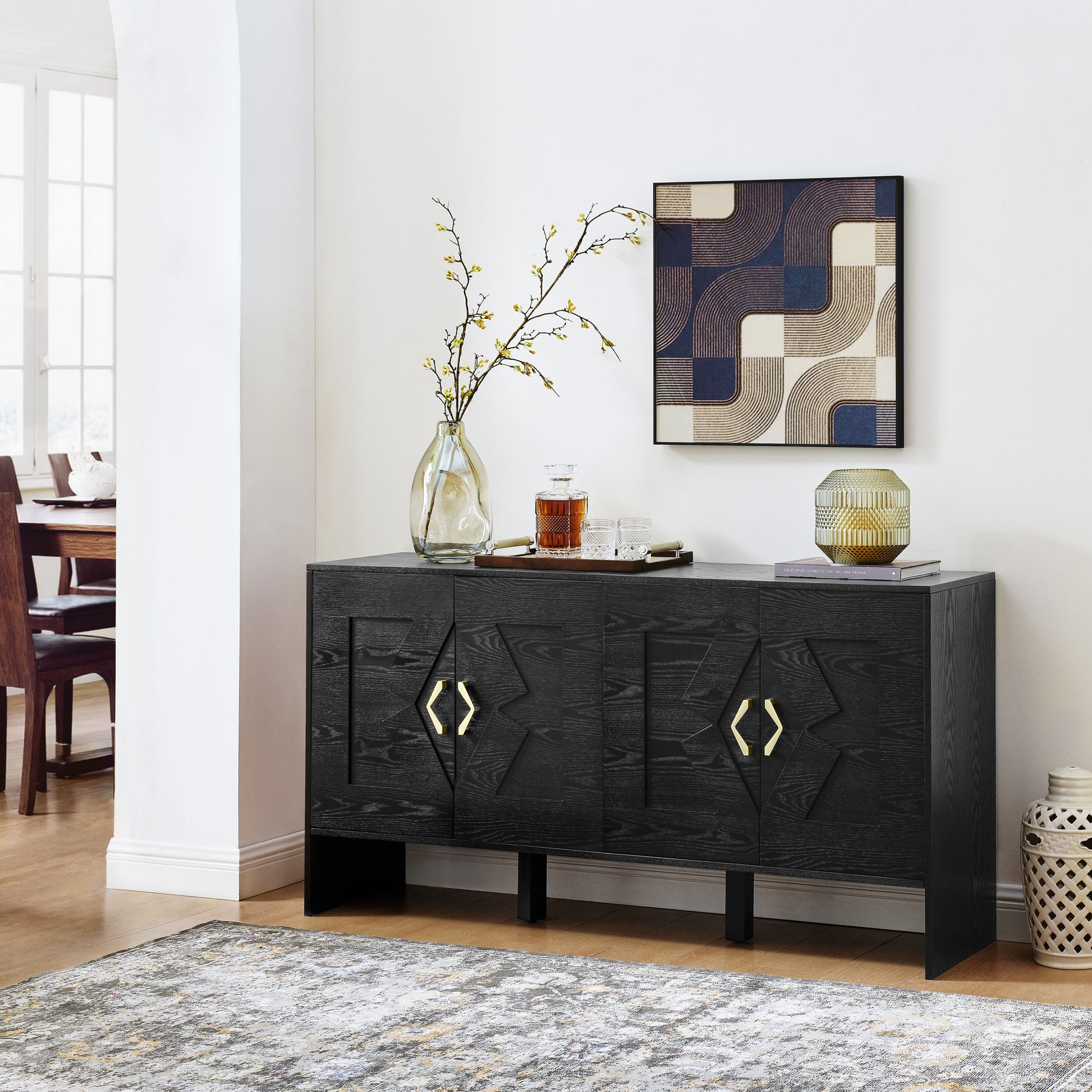 60' Mid Century Modern Sideboard Buffet Cabinet with Storage, TV Media Console, Storage Cabinet with Geometric Pattern & Adjustable Shelves for Kitchen Dining Living Room Entryway Hallway, Black