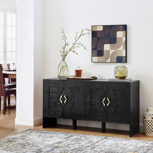 60' Mid Century Modern Sideboard Buffet Cabinet with Storage, TV Media Console, Storage Cabinet with Geometric Pattern & Adjustable Shelves for Kitchen Dining Living Room Entryway Hallway, Black