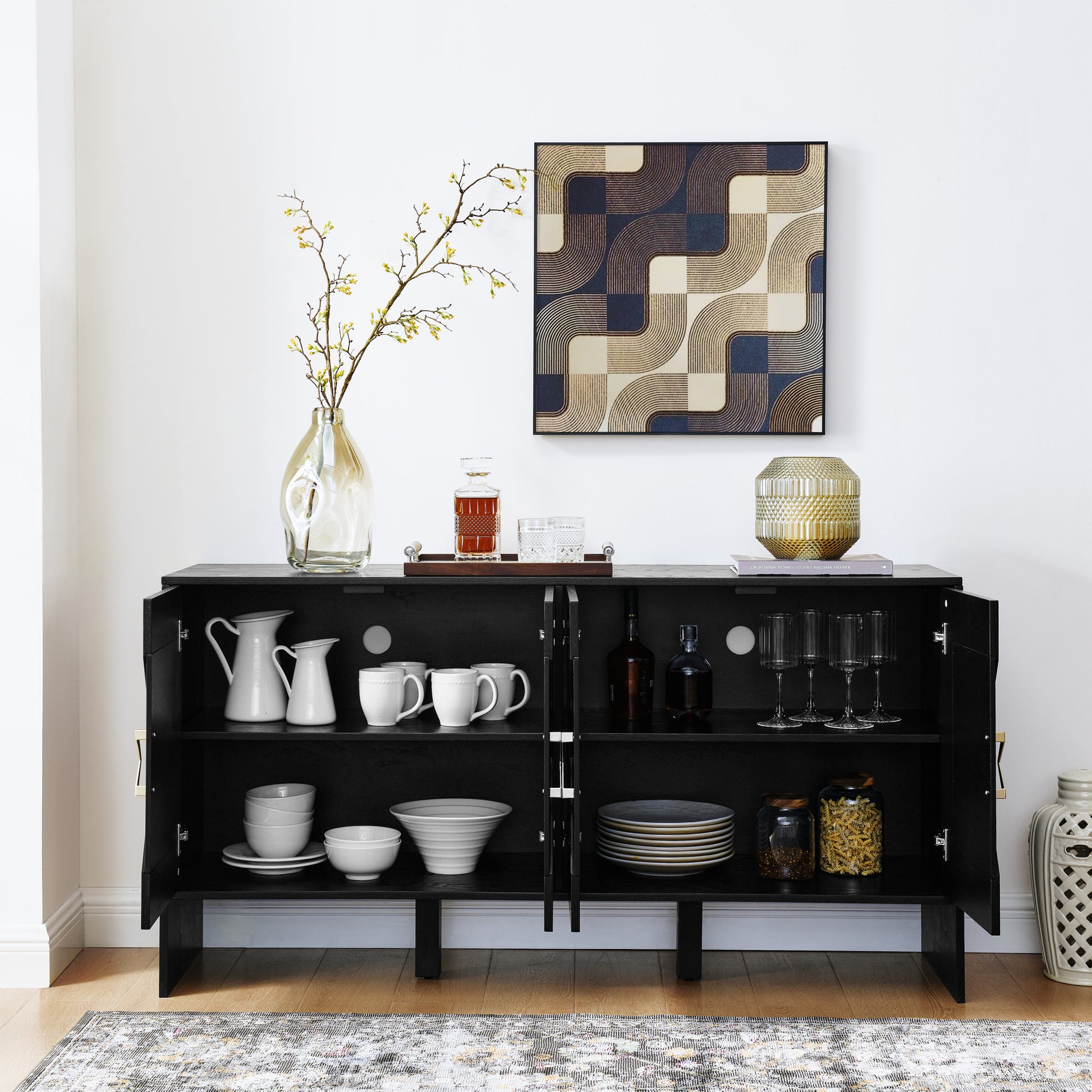 60' Mid Century Modern Sideboard Buffet Cabinet with Storage, TV Media Console, Storage Cabinet with Geometric Pattern & Adjustable Shelves for Kitchen Dining Living Room Entryway Hallway, Black