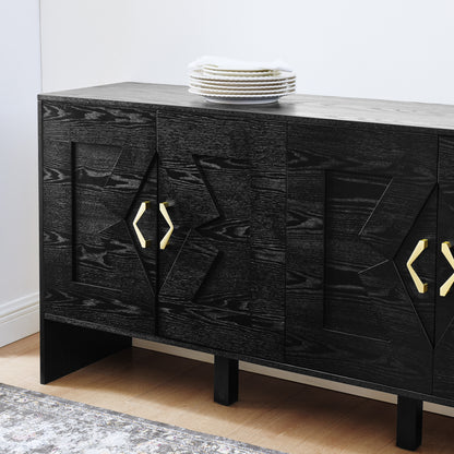 60' Mid Century Modern Sideboard Buffet Cabinet with Storage, TV Media Console, Storage Cabinet with Geometric Pattern & Adjustable Shelves for Kitchen Dining Living Room Entryway Hallway, Black