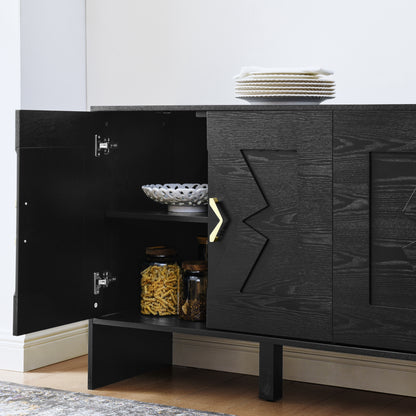 60' Mid Century Modern Sideboard Buffet Cabinet with Storage, TV Media Console, Storage Cabinet with Geometric Pattern & Adjustable Shelves for Kitchen Dining Living Room Entryway Hallway, Black