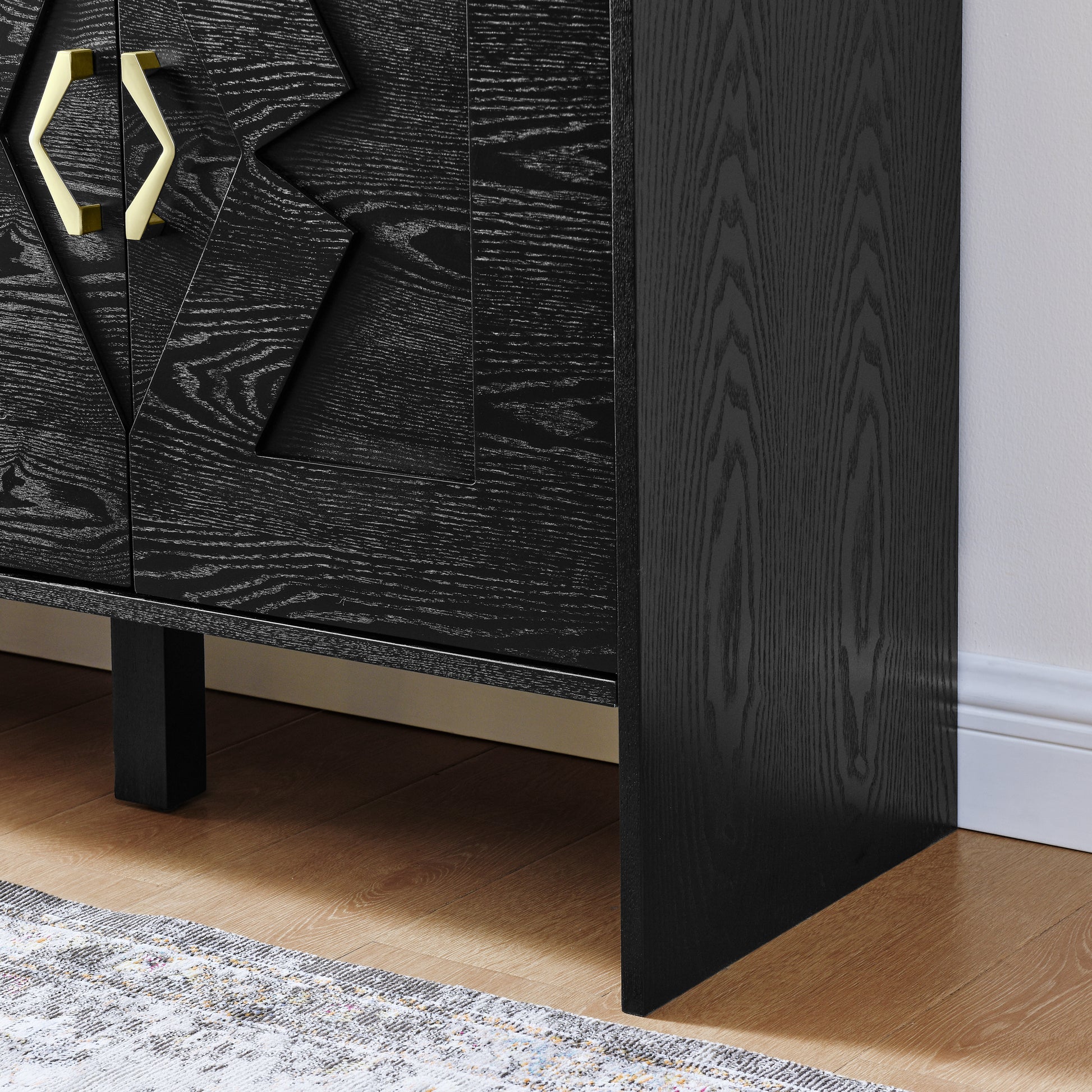 60' Mid Century Modern Sideboard Buffet Cabinet with Storage, TV Media Console, Storage Cabinet with Geometric Pattern & Adjustable Shelves for Kitchen Dining Living Room Entryway Hallway, Black